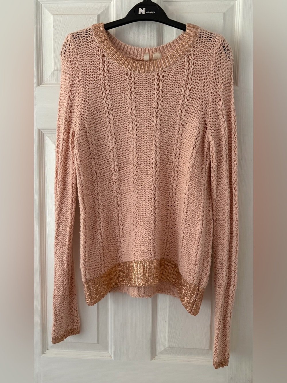 Moth Blush Pink Knit Crew Sweater with Metallic Gold Hem